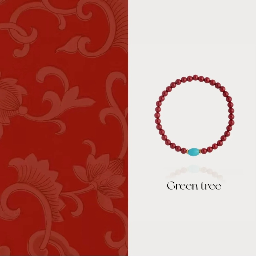Green Tree Red Beaded Bracelet with Turquoise Accent – Handmade Natural Stone